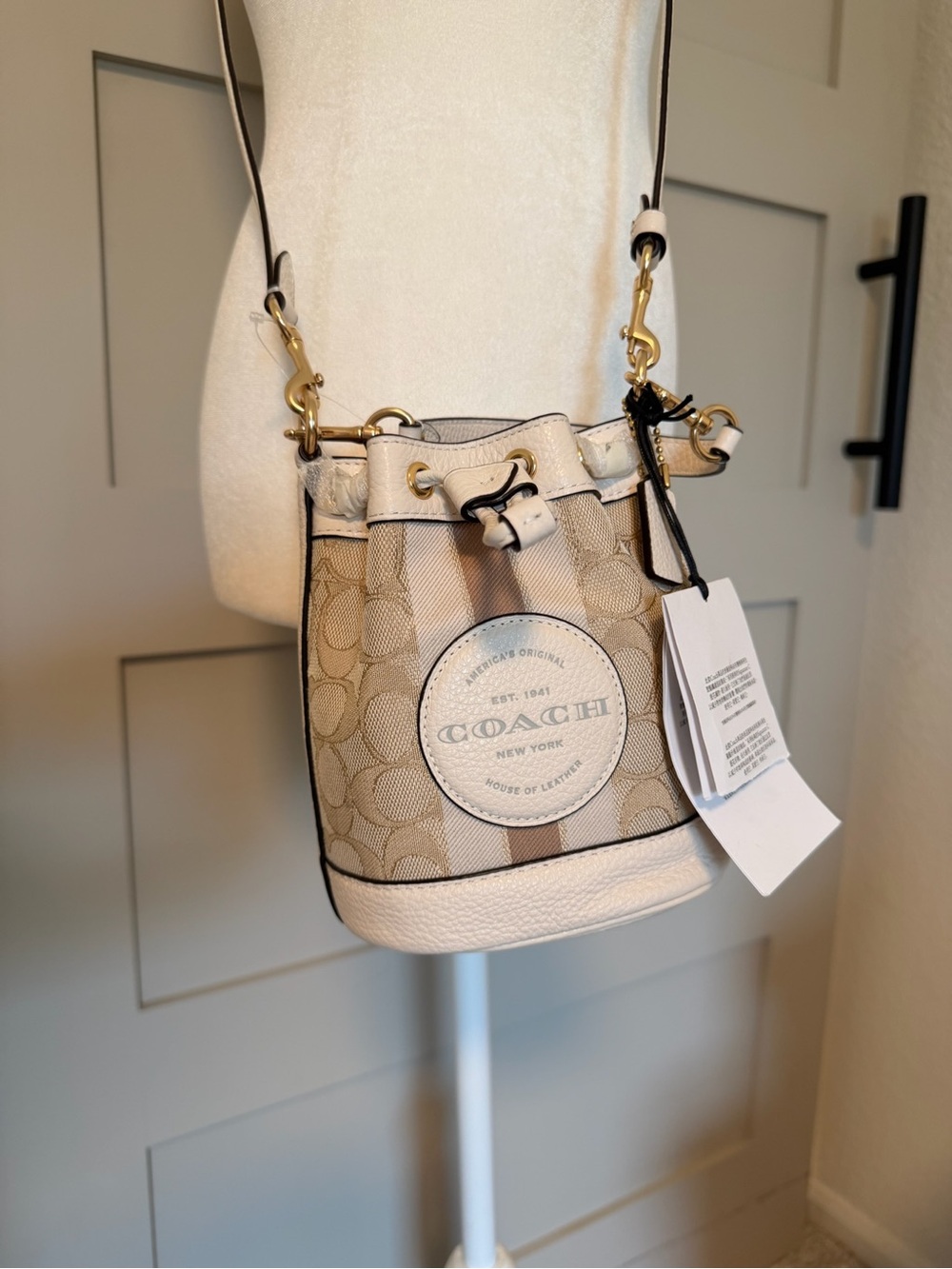 Coach Mini Dempsey Bucket Bag in Beige and White with Signature Logo
